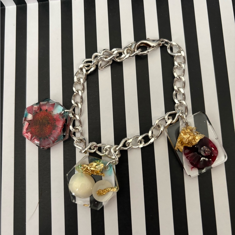 Silver-Tone Charm Bracelet with Pink, Cream & Burgundy Resin Accents